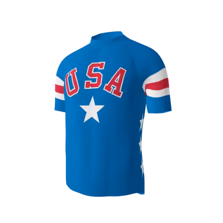 USA Vintage cycling jersey with blue body, red USA lettering, white stars, and striped sleeves