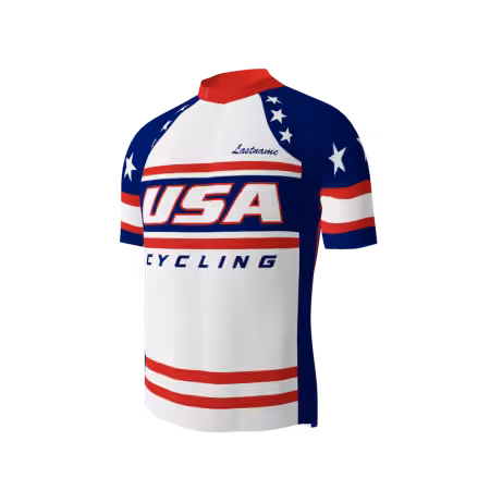 USA cycling jersey with white body, navy star-patterned shoulders, and red stripes