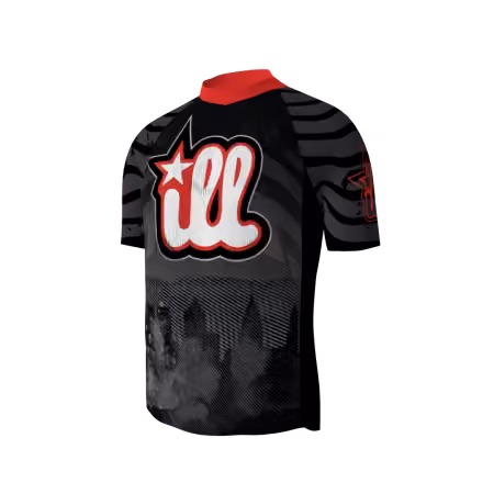 iLL cycling jersey with red and white graphic, striped sleeves, and Philadelphia skyline