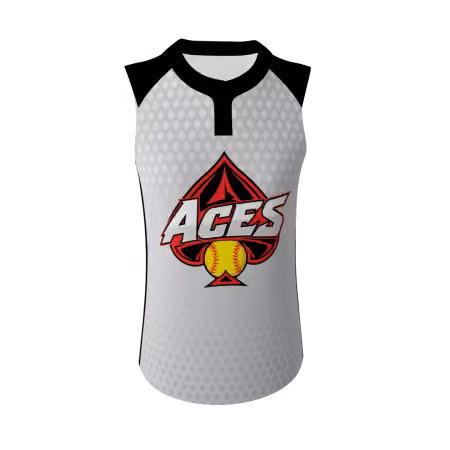Aces women's 2-button fastpitch softball jersey in light gray with red and black ace graphic