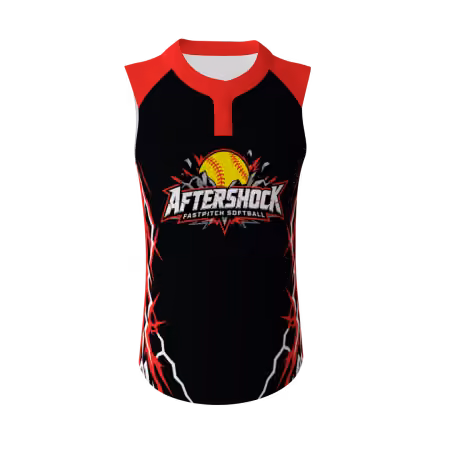 Aftershock women's 2-button fastpitch softball jersey in black and red with lightning graphics