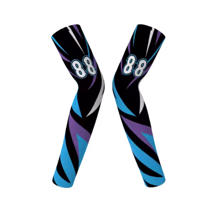 Shockwave volleyball arm sleeves with blue purple and black angular graphics