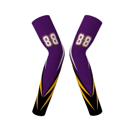 Dynasty volleyball arm sleeves with purple gold and black angular design