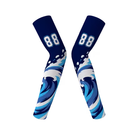 Wave volleyball arm sleeves with navy blue and ocean wave graphics