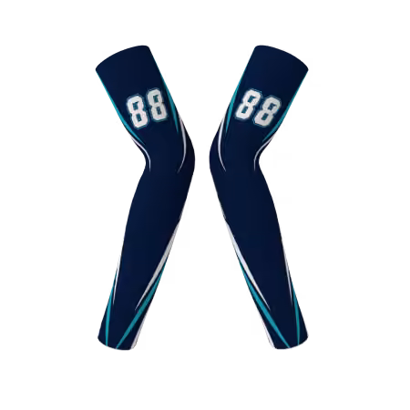 Legacy volleyball arm sleeves with navy blue teal and white angular design