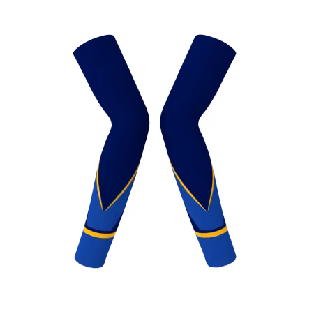 Premier volleyball arm sleeves with navy blue, royal blue and gold geometric design